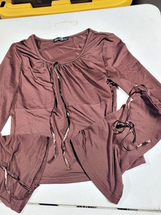 SHEIN Tops - SHEIN BAE Tie Front Ruffle Trim Bell Sleeve Top Brown Small